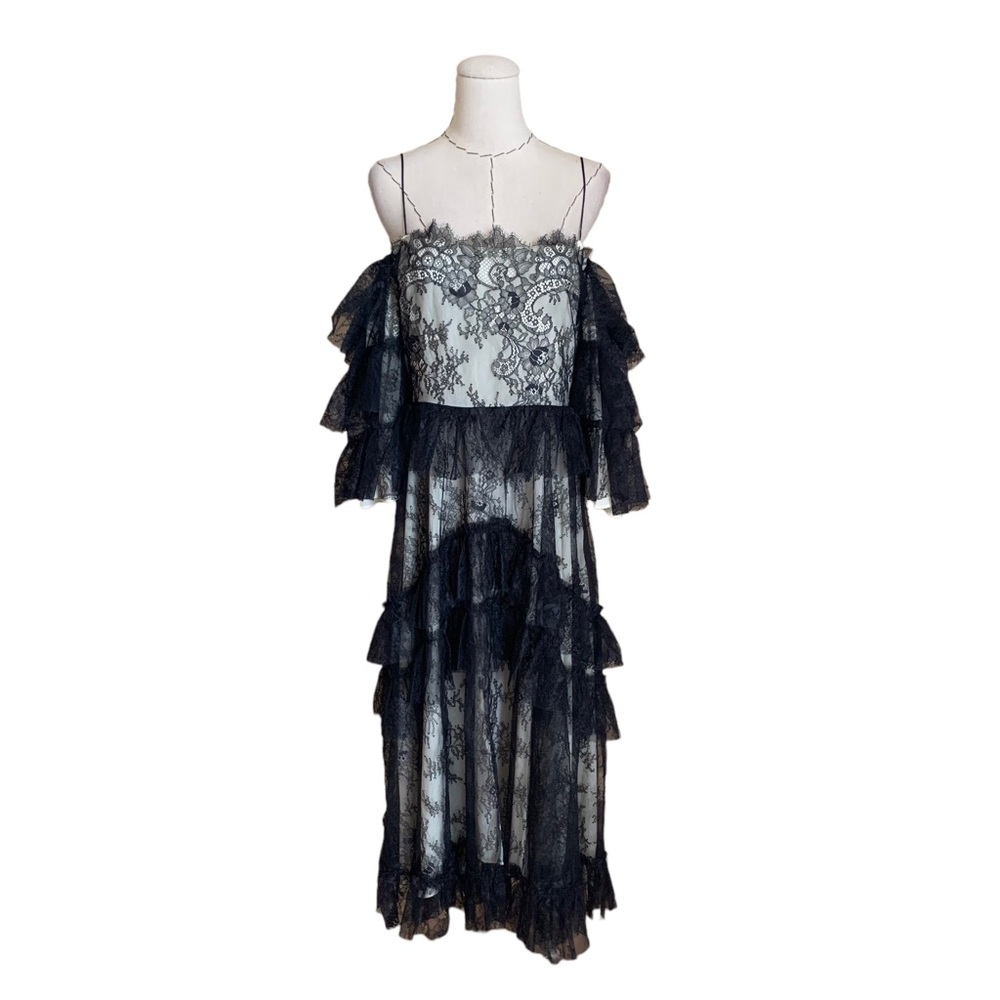 Lovely Alexa Chung Black Lace Tiered Off Shoulder Dress US 12 Party Wedding